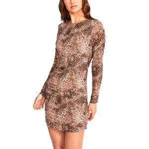 NWOT BB Dakota Womens Walk This Way Dress Tan XS Ruched Bodycon Leopard L/S